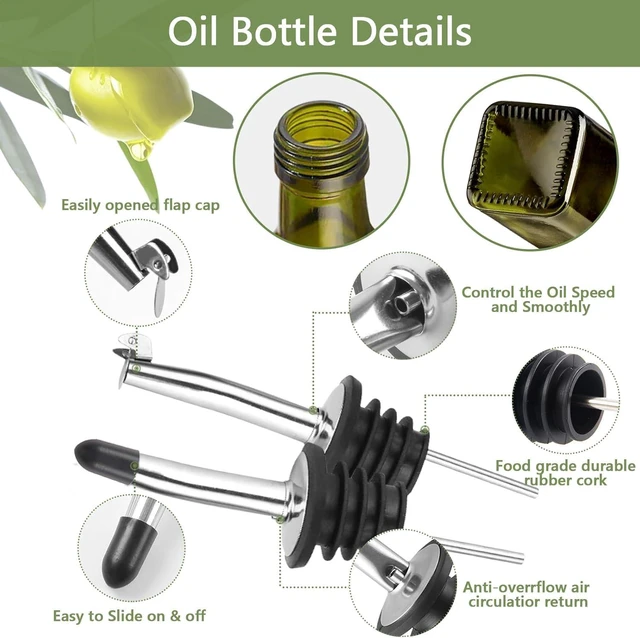 Alt view image 3 of 7 - 2-Piece Glass Olive Oil & Vinegar Dispenser Set 500ml Bottles with Stainless Steel Pourers, 4 Labels, Brush & Funnel, Kitchen Cruet Set
