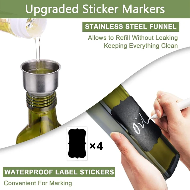 Alt view image 6 of 7 - 2-Piece Glass Olive Oil & Vinegar Dispenser Set 500ml Bottles with Stainless Steel Pourers, 4 Labels, Brush & Funnel, Kitchen Cruet Set