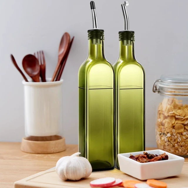 Alt view image 7 of 7 - 2-Piece Glass Olive Oil & Vinegar Dispenser Set 500ml Bottles with Stainless Steel Pourers, 4 Labels, Brush & Funnel, Kitchen Cruet Set