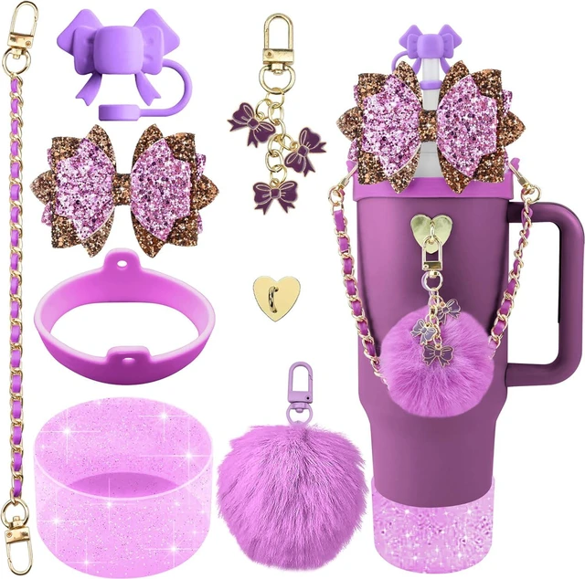 Main image of CozyNestFinds Bling Accessories for Stanley Cup 40oz & 30oz Tumbler including Silicone Cute Bow Straw Topper Cover, Silicone Boot for Stanley Cup,Leather Water Bottle Handle Strap, Charms