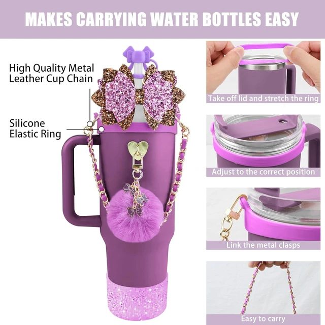 Alt view image 2 of 7 - CozyNestFinds Bling Accessories for Stanley Cup 40oz & 30oz Tumbler including Silicone Cute Bow Straw Topper Cover, Silicone Boot for Stanley Cup,Leather Water Bottle Handle Strap, Charms