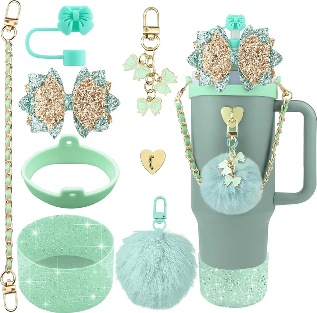 Main image of CozyNestFinds Bling Accessories for Stanley Cup 40oz & 30oz Tumbler including Silicone Cute Bow Straw Topper Cover, Silicone Boot for Stanley Cup,Leather Water Bottle Handle Strap, Charms