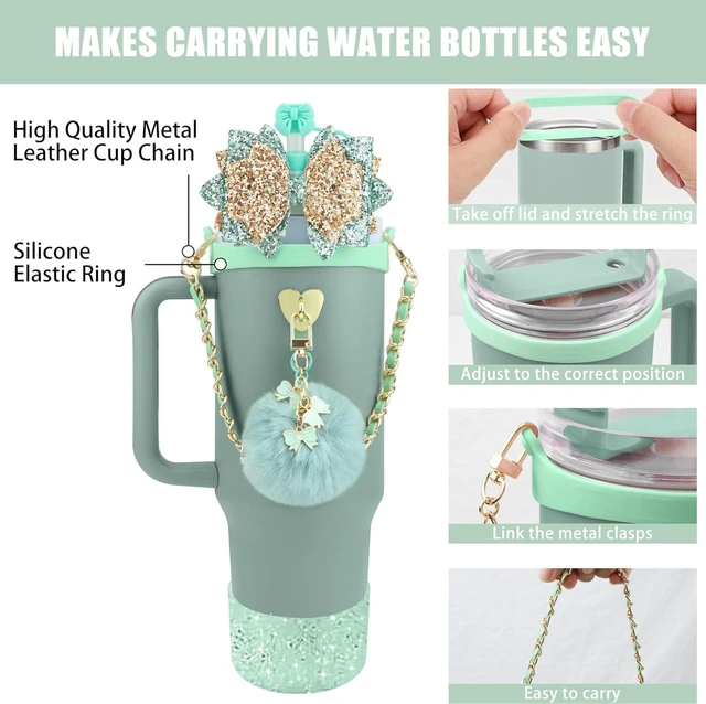 Alt view image 2 of 7 - CozyNestFinds Bling Accessories for Stanley Cup 40oz & 30oz Tumbler including Silicone Cute Bow Straw Topper Cover, Silicone Boot for Stanley Cup,Leather Water Bottle Handle Strap, Charms