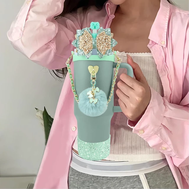 Alt view image 4 of 7 - CozyNestFinds Bling Accessories for Stanley Cup 40oz & 30oz Tumbler including Silicone Cute Bow Straw Topper Cover, Silicone Boot for Stanley Cup,Leather Water Bottle Handle Strap, Charms