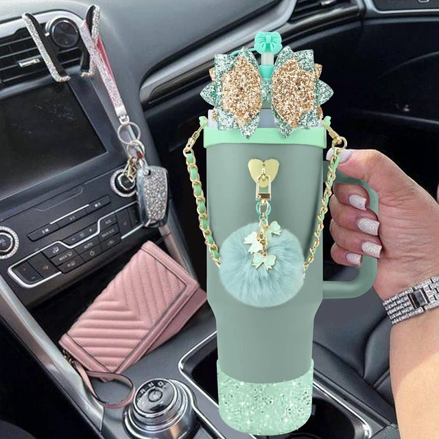 Alt view image 5 of 7 - CozyNestFinds Bling Accessories for Stanley Cup 40oz & 30oz Tumbler including Silicone Cute Bow Straw Topper Cover, Silicone Boot for Stanley Cup,Leather Water Bottle Handle Strap, Charms
