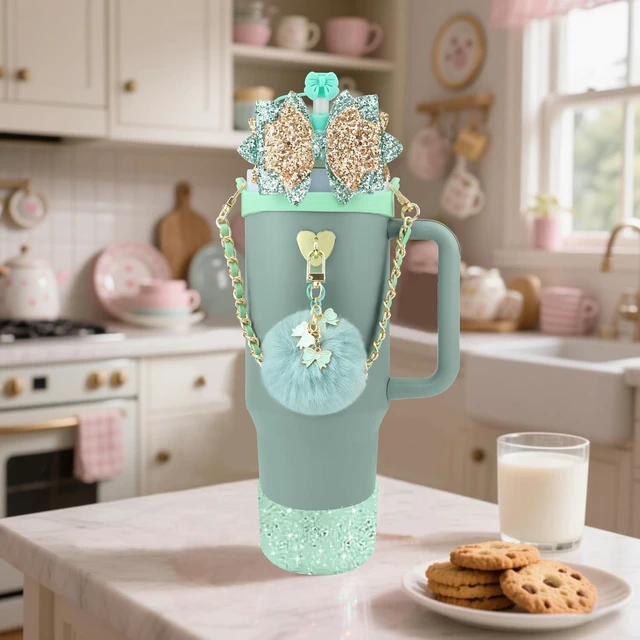 Alt view image 6 of 7 - CozyNestFinds Bling Accessories for Stanley Cup 40oz & 30oz Tumbler including Silicone Cute Bow Straw Topper Cover, Silicone Boot for Stanley Cup,Leather Water Bottle Handle Strap, Charms
