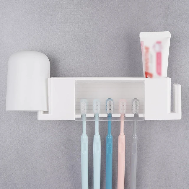 Main image of CozyNestFinds 5 Slots Wall Mount Toothbrush Holder with Cover, Self Adhesive Toothbrush Storage Organizer for Shower, Toothpaste & Toothbrush Hanger for Bathroom, Medicine Cabinet, Dorm (White Large)