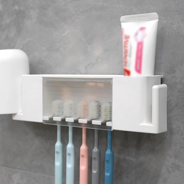 Alt view image 5 of 7 - CozyNestFinds 5 Slots Wall Mount Toothbrush Holder with Cover, Self Adhesive Toothbrush Storage Organizer for Shower, Toothpaste & Toothbrush Hanger for Bathroom, Medicine Cabinet, Dorm (White Large)