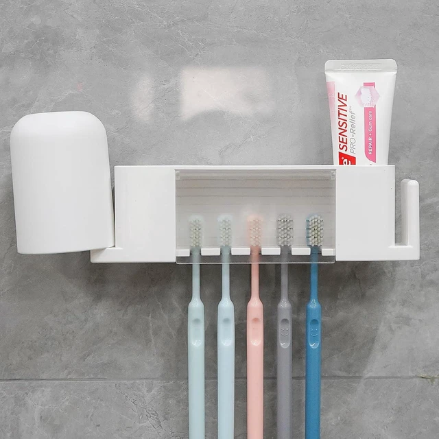 Alt view image 6 of 7 - CozyNestFinds 5 Slots Wall Mount Toothbrush Holder with Cover, Self Adhesive Toothbrush Storage Organizer for Shower, Toothpaste & Toothbrush Hanger for Bathroom, Medicine Cabinet, Dorm (White Large)