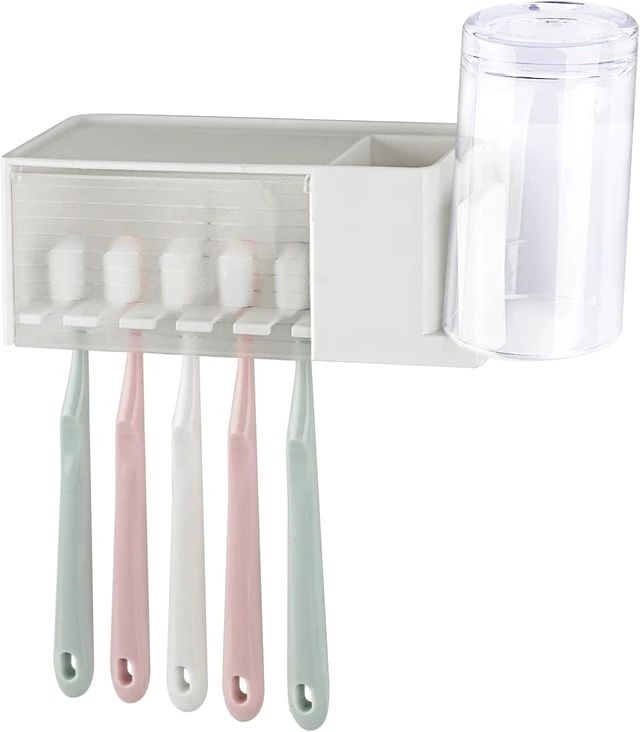 Alt view image 7 of 7 - CozyNestFinds 5 Slots Wall Mount Toothbrush Holder with Cover, Self Adhesive Toothbrush Storage Organizer for Shower, Toothpaste & Toothbrush Hanger for Bathroom, Medicine Cabinet, Dorm (White Large)