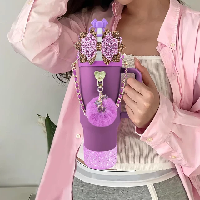 Alt view image 4 of 7 - CozyNestFinds Bling Accessories for Stanley Cup 40oz & 30oz Tumbler including Silicone Cute Bow Straw Topper Cover, Silicone Boot for Stanley Cup,Leather Water Bottle Handle Strap, Charms
