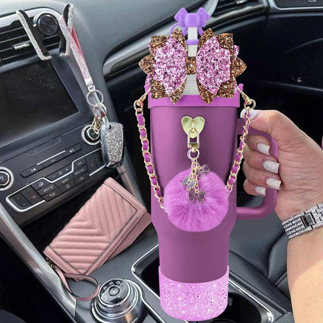 Alt view image 5 of 7 - CozyNestFinds Bling Accessories for Stanley Cup 40oz & 30oz Tumbler including Silicone Cute Bow Straw Topper Cover, Silicone Boot for Stanley Cup,Leather Water Bottle Handle Strap, Charms