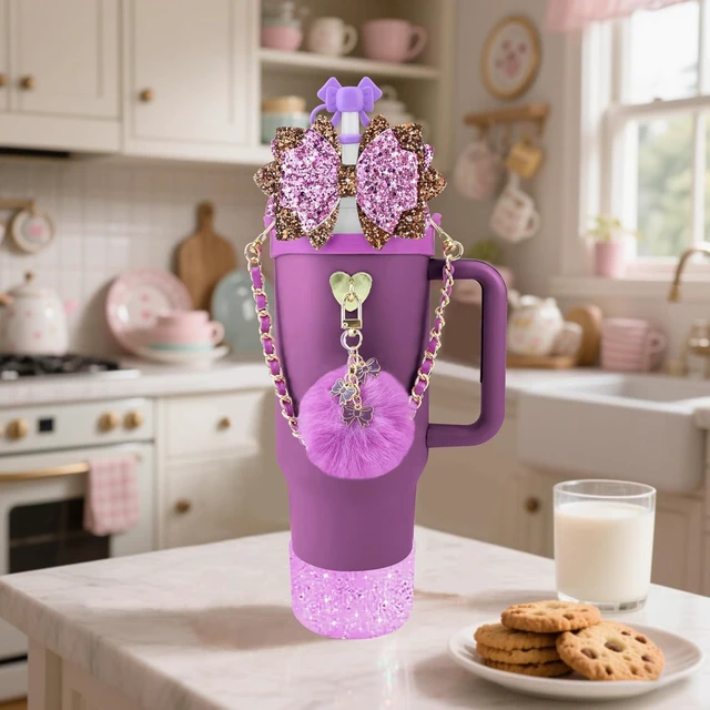 Alt view image 6 of 7 - CozyNestFinds Bling Accessories for Stanley Cup 40oz & 30oz Tumbler including Silicone Cute Bow Straw Topper Cover, Silicone Boot for Stanley Cup,Leather Water Bottle Handle Strap, Charms