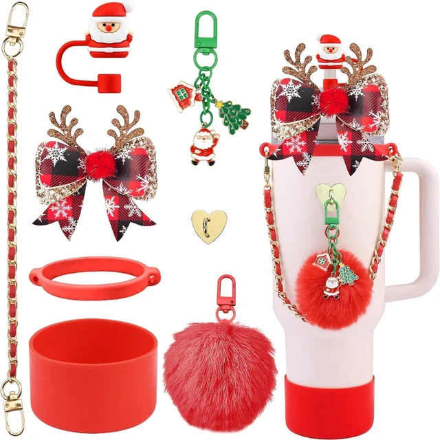 Main image of CozyNestFinds Christmas Accessories for Stanley 40oz & 30oz Tumblers - Silicone Santa Straw Cover, Boot, Leather Handle Strap & Charms, Red/Green