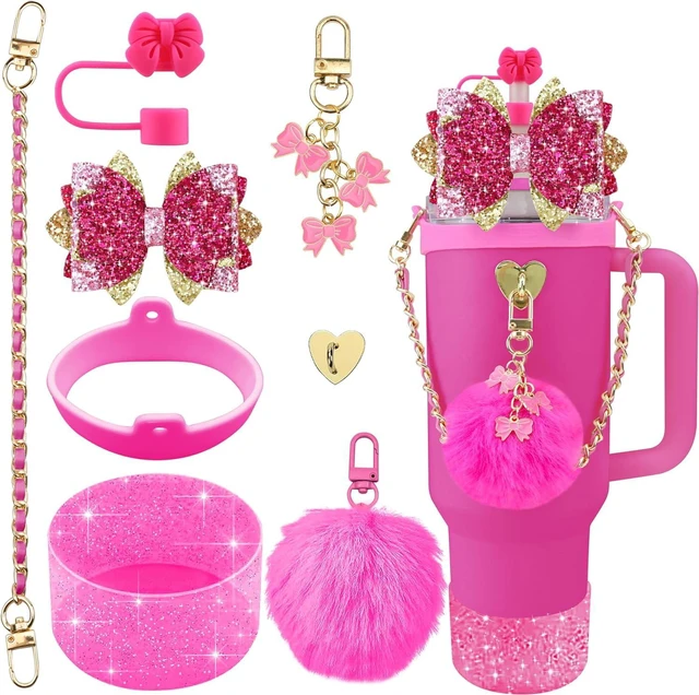 Main image of CozyNestFinds Bling Accessories for Stanley Cup 40oz & 30oz Tumbler including Silicone Cute Bow Straw Topper Cover, Silicone Boot for Stanley Cup,Leather Water Bottle Handle Strap, Charms