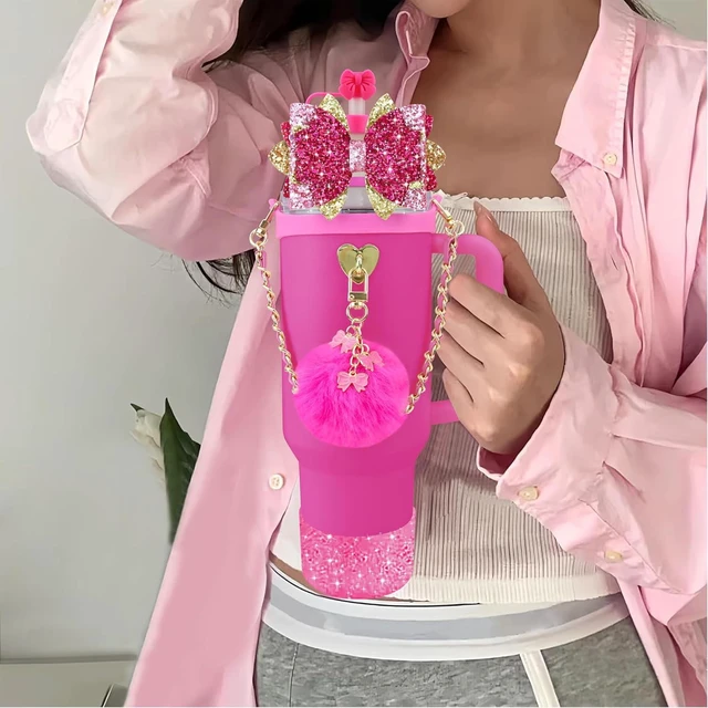 Alt view image 4 of 7 - CozyNestFinds Bling Accessories for Stanley Cup 40oz & 30oz Tumbler including Silicone Cute Bow Straw Topper Cover, Silicone Boot for Stanley Cup,Leather Water Bottle Handle Strap, Charms