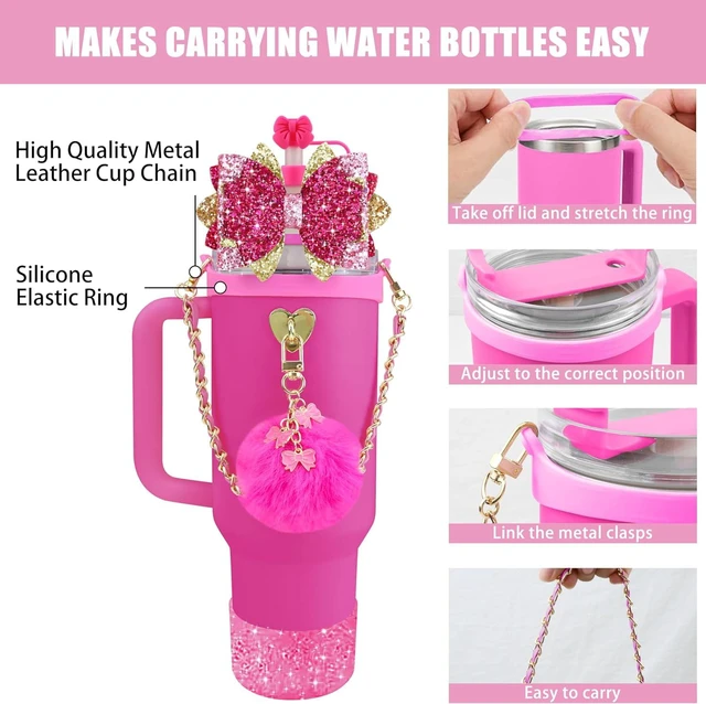 Alt view image 2 of 7 - CozyNestFinds Bling Accessories for Stanley Cup 40oz & 30oz Tumbler including Silicone Cute Bow Straw Topper Cover, Silicone Boot for Stanley Cup,Leather Water Bottle Handle Strap, Charms