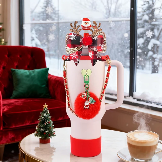 Alt view image 2 of 7 - CozyNestFinds Christmas Accessories for Stanley 40oz & 30oz Tumblers - Silicone Santa Straw Cover, Boot, Leather Handle Strap & Charms, Red/Green