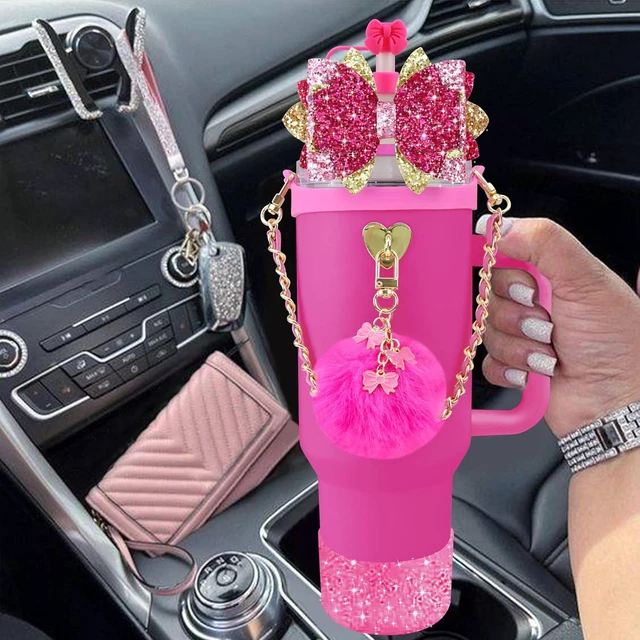 Alt view image 5 of 7 - CozyNestFinds Bling Accessories for Stanley Cup 40oz & 30oz Tumbler including Silicone Cute Bow Straw Topper Cover, Silicone Boot for Stanley Cup,Leather Water Bottle Handle Strap, Charms