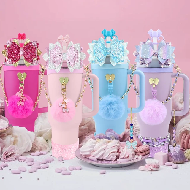 Alt view image 7 of 7 - CozyNestFinds Bling Accessories for Stanley Cup 40oz & 30oz Tumbler including Silicone Cute Bow Straw Topper Cover, Silicone Boot for Stanley Cup,Leather Water Bottle Handle Strap, Charms