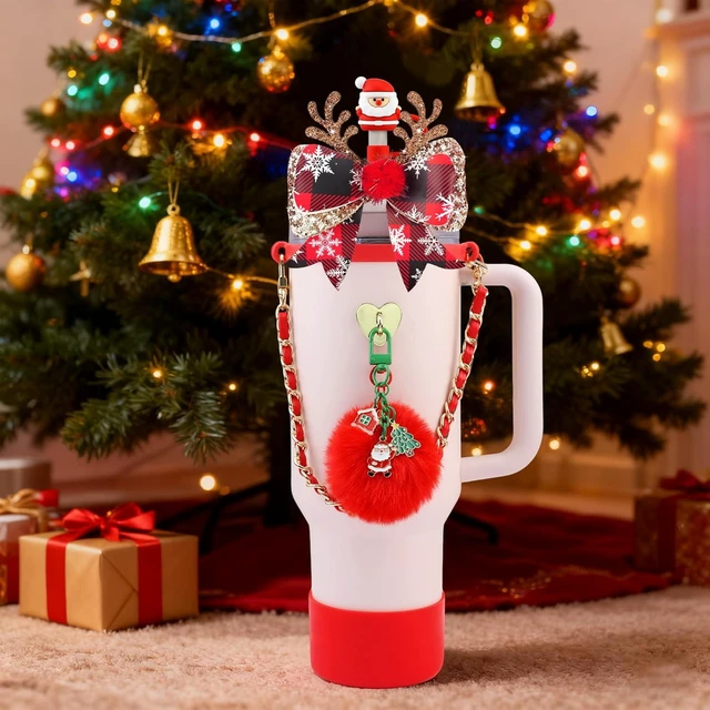 Alt view image 4 of 7 - CozyNestFinds Christmas Accessories for Stanley 40oz & 30oz Tumblers - Silicone Santa Straw Cover, Boot, Leather Handle Strap & Charms, Red/Green