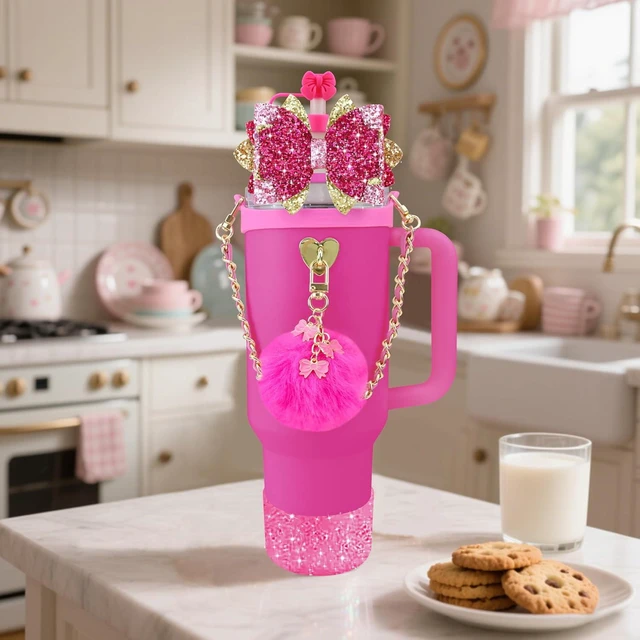 Alt view image 6 of 7 - CozyNestFinds Bling Accessories for Stanley Cup 40oz & 30oz Tumbler including Silicone Cute Bow Straw Topper Cover, Silicone Boot for Stanley Cup,Leather Water Bottle Handle Strap, Charms