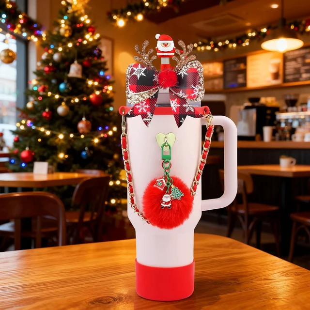 Alt view image 7 of 7 - CozyNestFinds Christmas Accessories for Stanley 40oz & 30oz Tumblers - Silicone Santa Straw Cover, Boot, Leather Handle Strap & Charms, Red/Green