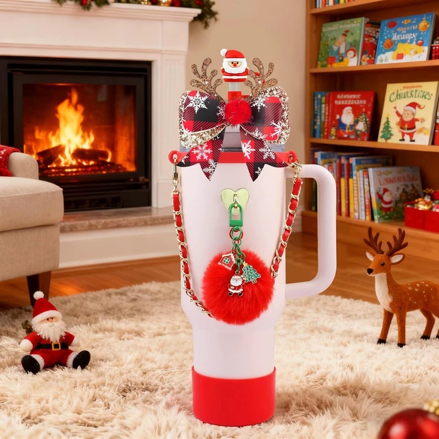 Alt view image 6 of 7 - CozyNestFinds Christmas Accessories for Stanley 40oz & 30oz Tumblers - Silicone Santa Straw Cover, Boot, Leather Handle Strap & Charms, Red/Green