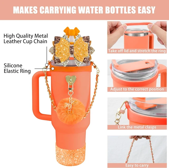 Alt view image 2 of 7 - CozyNestFinds Bling Accessories for Stanley Cup 40oz & 30oz Tumbler including Silicone Cute Bow Straw Topper Cover, Silicone Boot for Stanley Cup,Leather Water Bottle Handle Strap, Charms