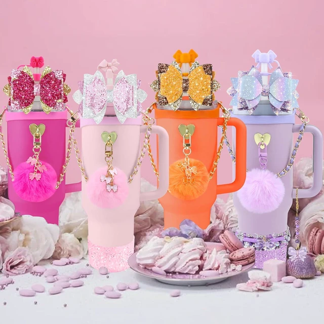 Alt view image 7 of 7 - CozyNestFinds Bling Accessories for Stanley Cup 40oz & 30oz Tumbler including Silicone Cute Bow Straw Topper Cover, Silicone Boot for Stanley Cup,Leather Water Bottle Handle Strap, Charms