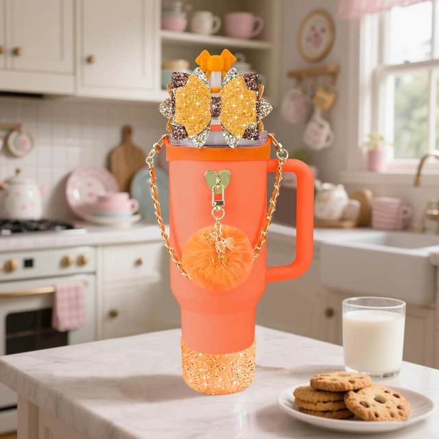 Alt view image 6 of 7 - CozyNestFinds Bling Accessories for Stanley Cup 40oz & 30oz Tumbler including Silicone Cute Bow Straw Topper Cover, Silicone Boot for Stanley Cup,Leather Water Bottle Handle Strap, Charms