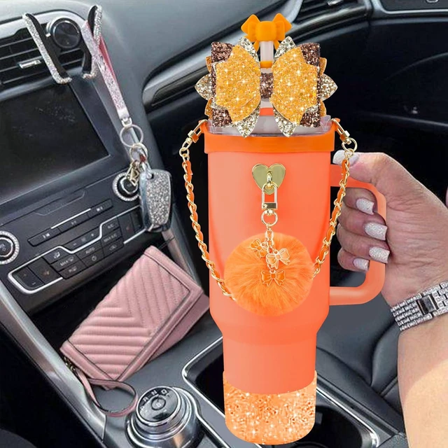 Alt view image 5 of 7 - CozyNestFinds Bling Accessories for Stanley Cup 40oz & 30oz Tumbler including Silicone Cute Bow Straw Topper Cover, Silicone Boot for Stanley Cup,Leather Water Bottle Handle Strap, Charms