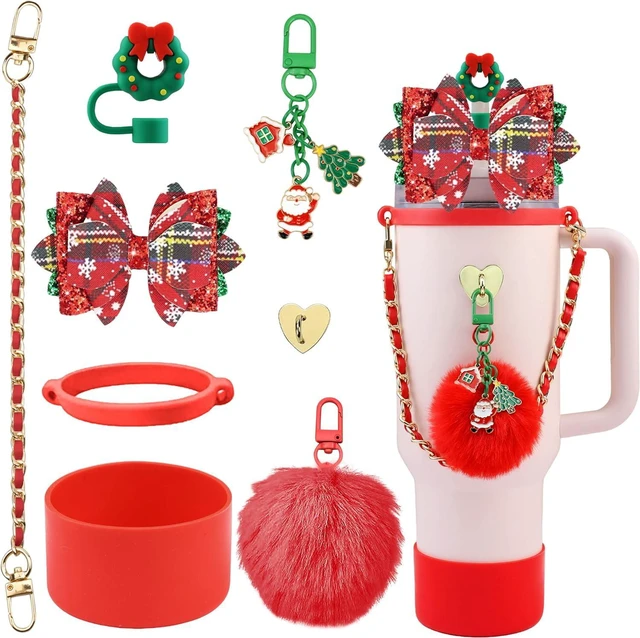 Main image of CozyNestFinds Bling Accessories for Stanley Cup 40oz & 30oz Tumbler including Silicone Cute Bow Straw Topper Cover, Silicone Boot for Stanley Cup,Leather Water Bottle Handle Strap, Charms