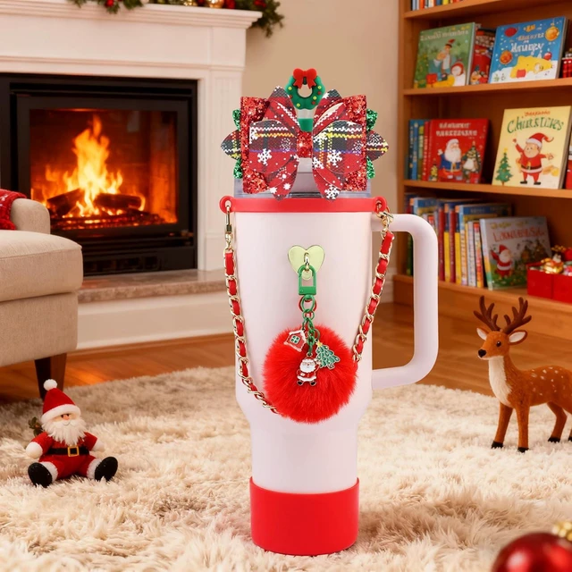 Alt view image 5 of 7 - CozyNestFinds Bling Accessories for Stanley Cup 40oz & 30oz Tumbler including Silicone Cute Bow Straw Topper Cover, Silicone Boot for Stanley Cup,Leather Water Bottle Handle Strap, Charms