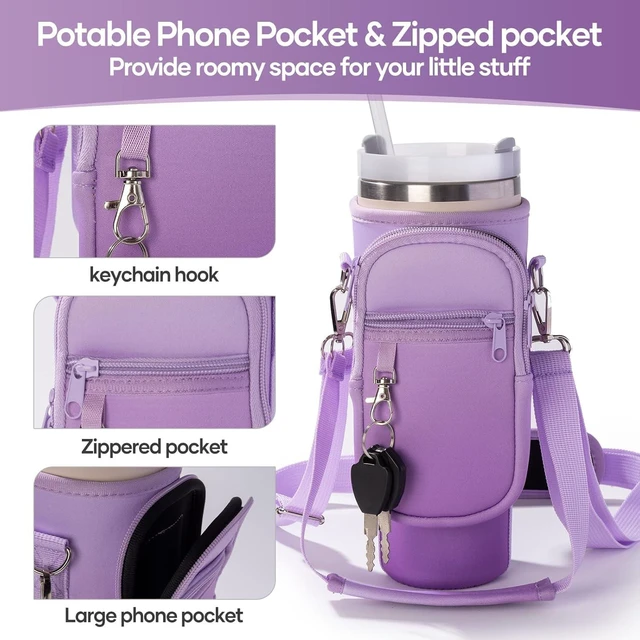 Alt view image 7 of 7 - CozyNestFinds Water Bottle Carrier Bag for Stanley Cup 40/30oz with Phone Holder Pockets,Neoprene Water Bottle Cross-body Bag with Adjustable Shoulder & Hand Strap Stanley Cup Accessories