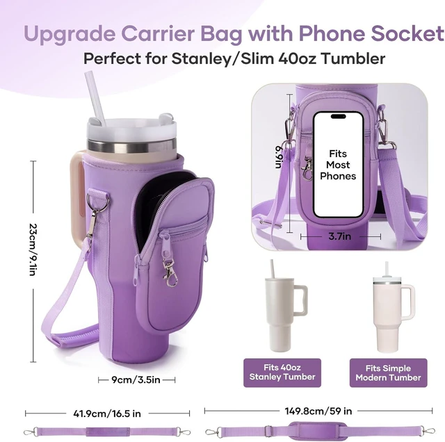 Alt view image 6 of 7 - CozyNestFinds Water Bottle Carrier Bag for Stanley Cup 40/30oz with Phone Holder Pockets,Neoprene Water Bottle Cross-body Bag with Adjustable Shoulder & Hand Strap Stanley Cup Accessories