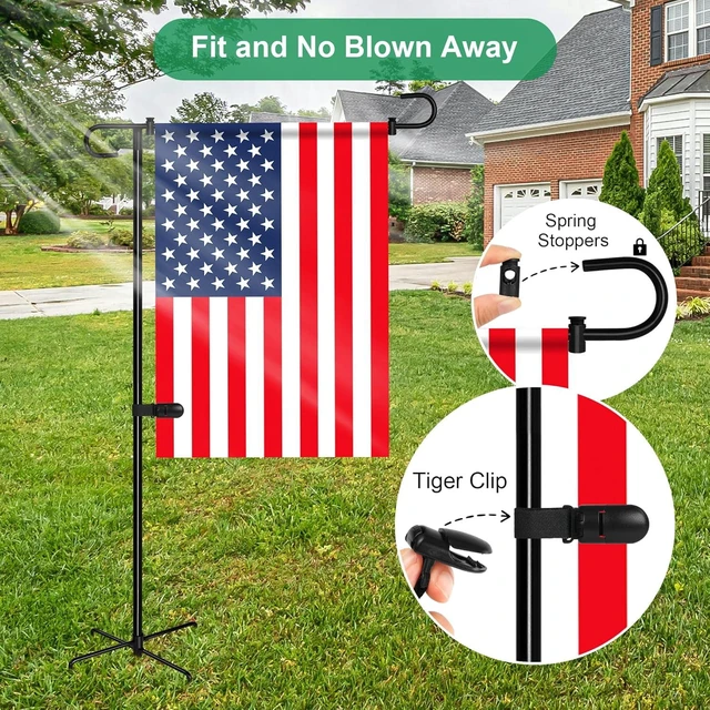 Alt view image 4 of 7 - Garden Flag Holder with 5 Prong Base,Stable Design Garden Flag Stand for Outside,S type Yard Flags Holder with Clip and Spring Stopper for Porch Yard Decorations Outdoor