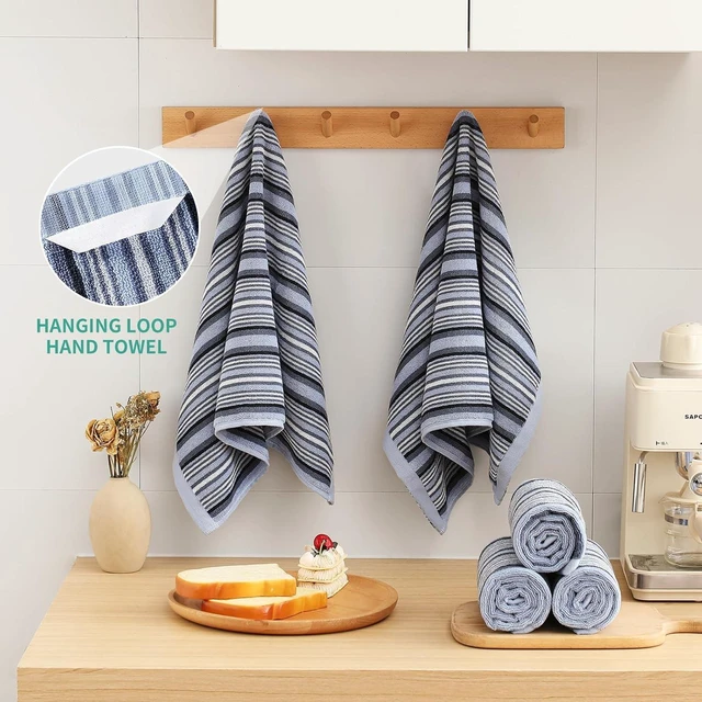 Alt view image 4 of 7 - KitchenKey Premium Cotton Kitchen Dish Towels for Drying Dishes,Large Long Kitchen Hand Towels, Thick Highly Absorbent Dish Clothes Tea Towel Sets with Hanging Loop, 16" X 26", 4 Pcs, Blue