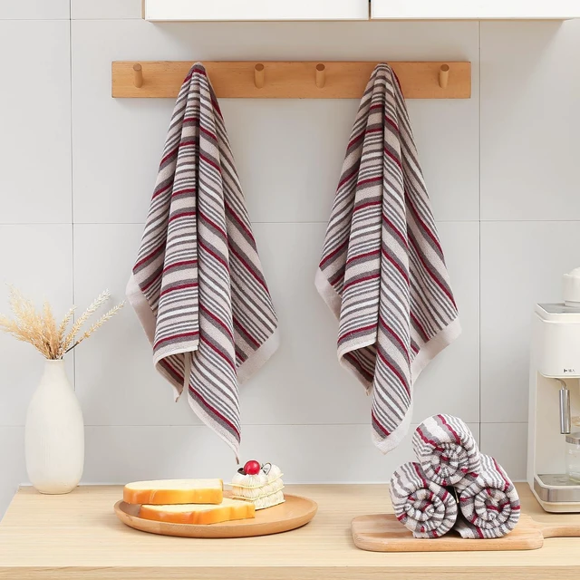 Alt view image 7 of 7 - KitchenKey Premium Cotton Kitchen Dish Towels for Drying Dishes,Large Long Kitchen Hand Towels, Thick Highly Absorbent Dish Clothes Tea Towel Sets with Hanging Loop, 16" X 26",4 Pcs,Gray and Wine Red