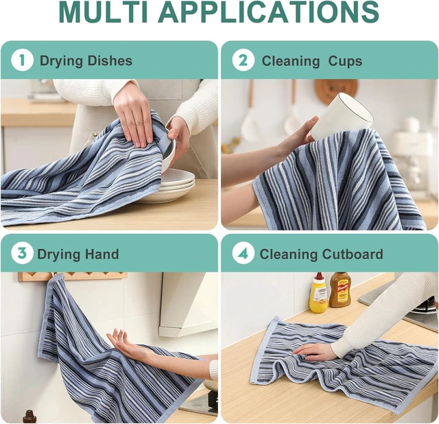 Alt view image 5 of 7 - KitchenKey Premium Cotton Kitchen Dish Towels for Drying Dishes,Large Long Kitchen Hand Towels, Thick Highly Absorbent Dish Clothes Tea Towel Sets with Hanging Loop, 16" X 26", 4 Pcs, Blue