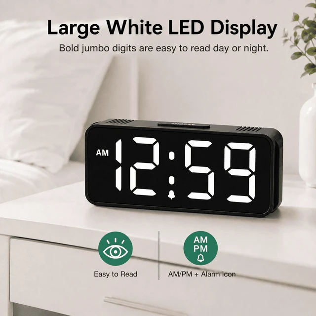 Alt view image 3 of 7 - C Small Mini Digital Alarm Clock Battery Operated for Bedroom Travel, 1.65" Numbers Large Display Cordless Clock for Beside Seniors Elderly, Auto Manual Dimmers, 5 Levels Volume
