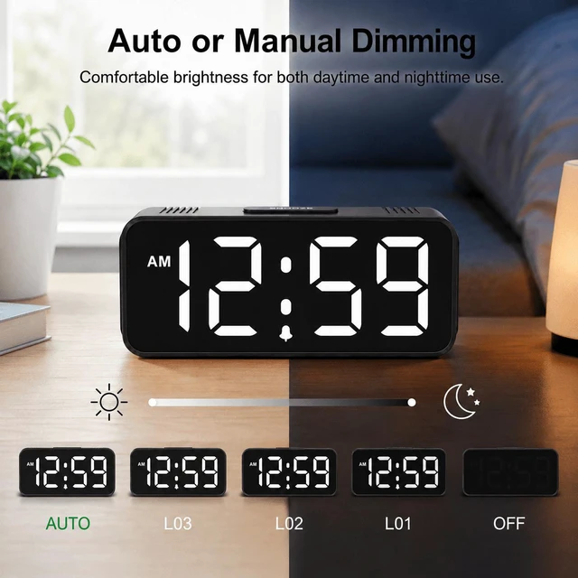 Alt view image 5 of 7 - C Small Mini Digital Alarm Clock Battery Operated for Bedroom Travel, 1.65" Numbers Large Display Cordless Clock for Beside Seniors Elderly, Auto Manual Dimmers, 5 Levels Volume