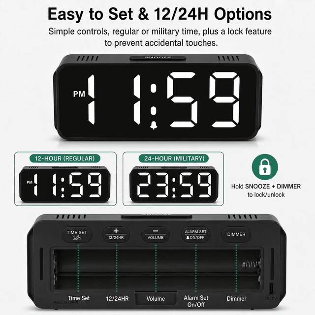 Alt view image 6 of 7 - C Small Mini Digital Alarm Clock Battery Operated for Bedroom Travel, 1.65" Numbers Large Display Cordless Clock for Beside Seniors Elderly, Auto Manual Dimmers, 5 Levels Volume