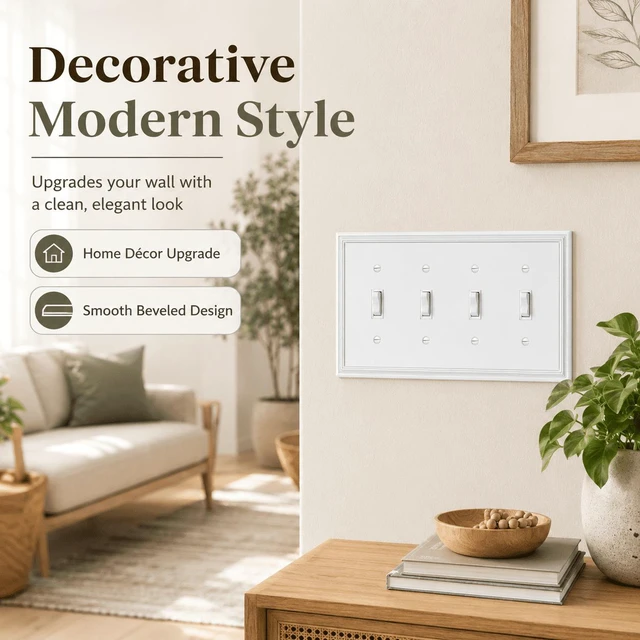 Alt view image 5 of 7 - C White Decorative Quad Toggle Light Switch Covers Wall Plate, Natural Material Switch Plate Covers - Modern Style (4 Gang Toggle 1 Pack)
