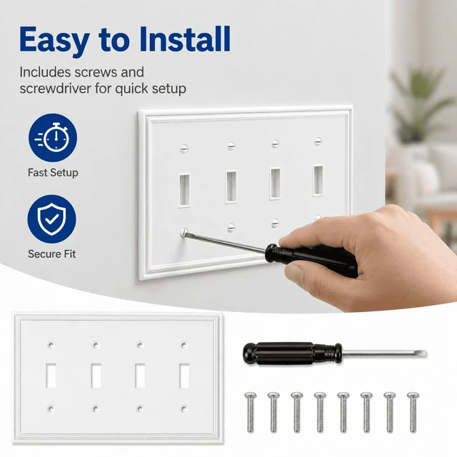 Alt view image 7 of 7 - C White Decorative Quad Toggle Light Switch Covers Wall Plate, Natural Material Switch Plate Covers - Modern Style (4 Gang Toggle 1 Pack)