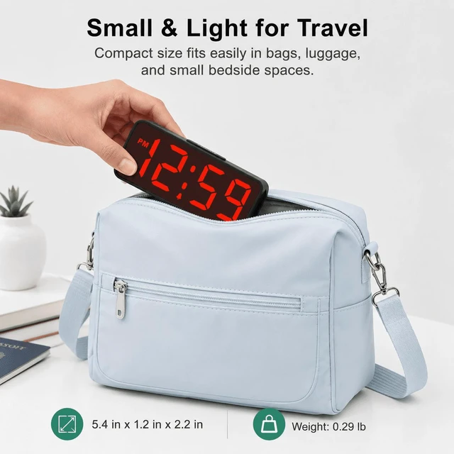 Alt view image 2 of 7 - C Small Mini Digital Alarm Clock Battery Operated for Bedroom Travel, 1.65" Numbers Large Display Cordless Clock for Beside Seniors Elderly, Auto Manual Dimmers, 5 Levels Volume