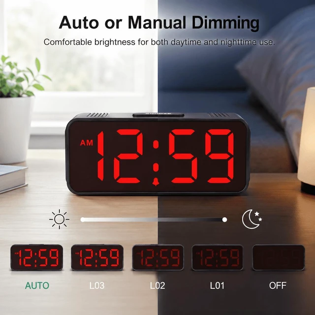 Alt view image 4 of 7 - C Small Mini Digital Alarm Clock Battery Operated for Bedroom Travel, 1.65" Numbers Large Display Cordless Clock for Beside Seniors Elderly, Auto Manual Dimmers, 5 Levels Volume