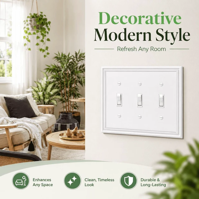 Alt view image 7 of 7 - C White Decorative Triple Toggle Light Switch Covers Wall Plate, Natural Material Switch Plate Covers - Modern Style (3 Gang Toggle 1 Pack)