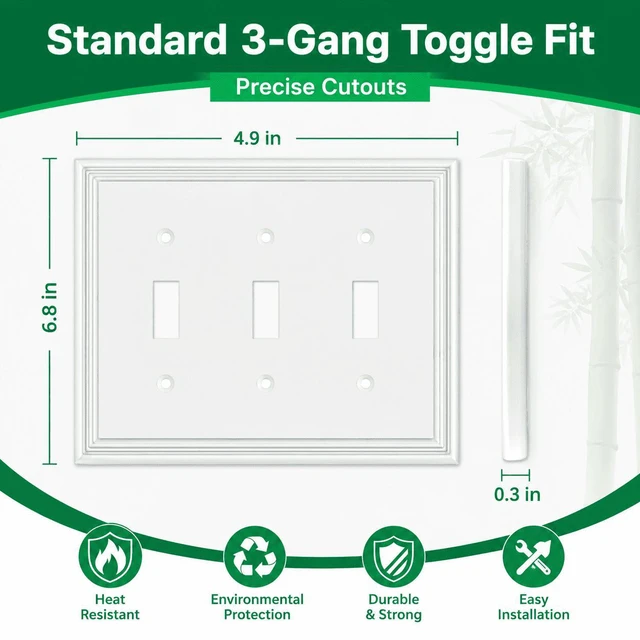 Alt view image 5 of 7 - C White Decorative Triple Toggle Light Switch Covers Wall Plate, Natural Material Switch Plate Covers - Modern Style (3 Gang Toggle 1 Pack)