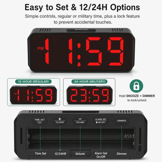 Alt view image 5 of 7 - C Small Mini Digital Alarm Clock Battery Operated for Bedroom Travel, 1.65" Numbers Large Display Cordless Clock for Beside Seniors Elderly, Auto Manual Dimmers, 5 Levels Volume